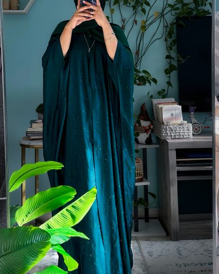 Luxury teal satin butterfly abaya with self color crystal embellishments, flowing open style abaya for women, elegant modest evening wear with shimmering crystal details.