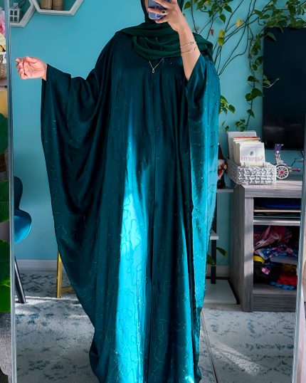 Luxury teal satin butterfly abaya with self color crystal embellishments, flowing open style abaya for women, elegant modest evening wear with shimmering crystal details.