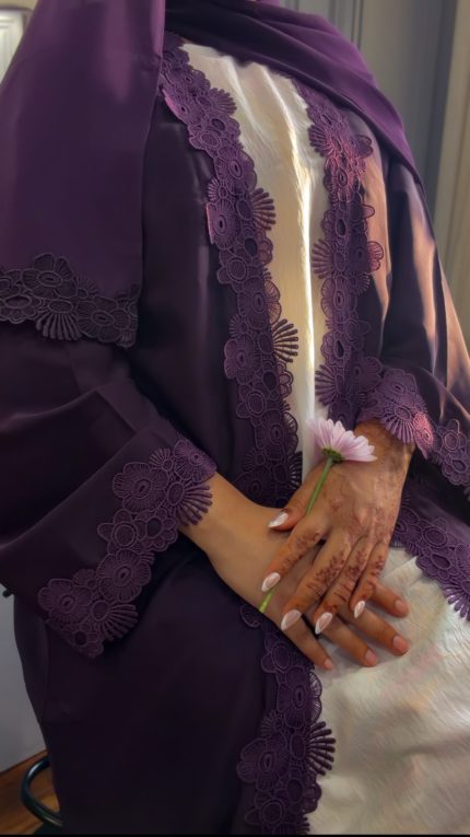 Floral lace abaya with delicate detailing, lightweight and flowy for summer, shown with matching scarf and white inner, available in mint, beige, and purple shades, minimal and elegant casual wear.
