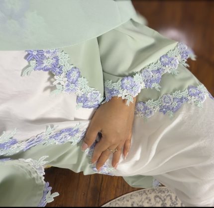 Floral lace abaya with delicate detailing, lightweight and flowy for summer, shown with matching scarf and white inner, available in mint, beige, and purple shades, minimal and elegant casual wear.